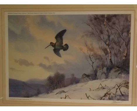 John Cyril Harrison, signed in pencil to margin, limited edition (248/350) coloured print, Woodcock in winter landscape, 30cm