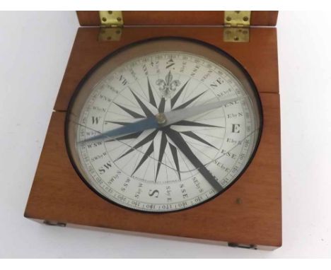 Good quality mahogany cased compass with hinged lid and circular paper dial (glass a/f), 21cms square 