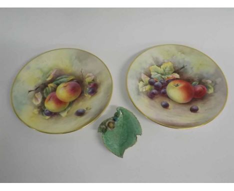 Pair of Minton fruit decorated cabinet plates, signed H Holland, with gilded mark to base and stamped No 4 and 5, together wi