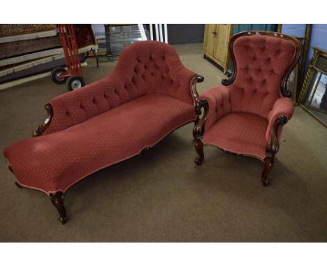 Victorian rosewood spoon back armchair with carved acanthus leaf arms and cabriole front legs, together with a matching chais