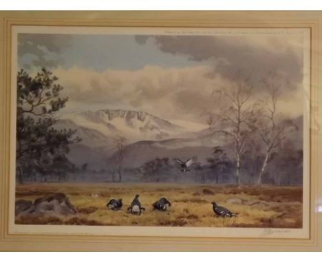 John Cyril Harrison, signed in pencil to margin, limited edition (401/500) coloured print, Black Grouse in Highland landscape