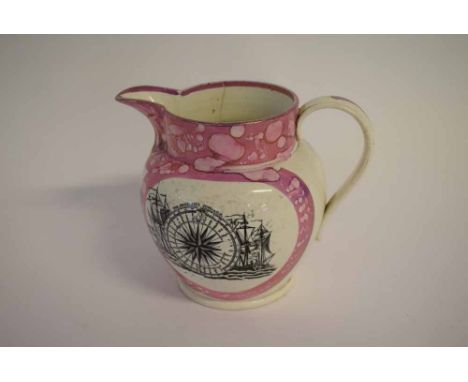 Late 18th/early 19th century Sunderland pink lustre and black transferred jug, with verse, compass and view of the Ironbridge