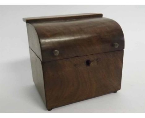 19th century mahogany tea caddy with a sloped fronted top, fitted with two brass button knobs, retaining its original lock, w