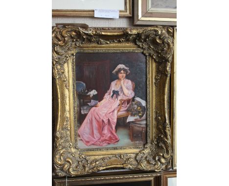 A modern Victorian style oil on board portrait of a seated lady with flowers, H:39cm x L:28cm