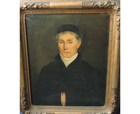 19th century Continental school, Portrait of a Gentleman wearing a black cap and white stock, oil on canvas, 67cm x 53cm.