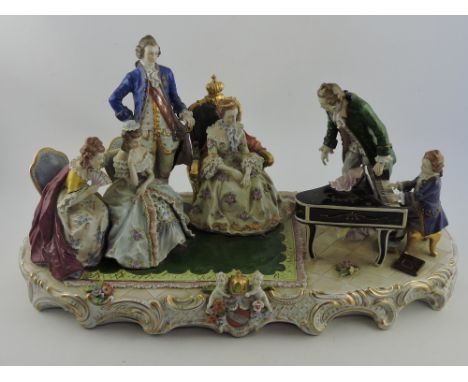 A large 20th Century Sitzendorf porcelain group depicting an 18th Century piano recital, the child pianist with tutor playing