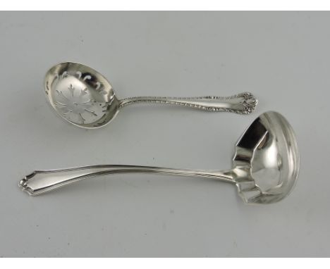 A silver sugar sifter, Birmingham 1894, together with an American sauce ladle, 1.5ozt, (2)
