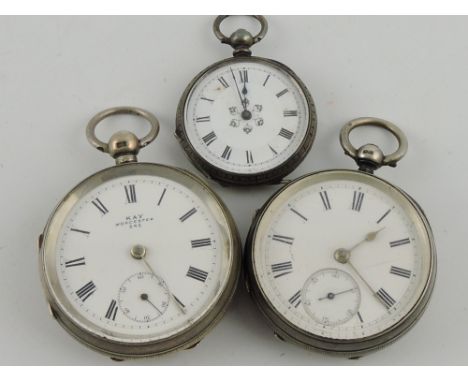 A silver-cased open faced pocket watch, the white enamel dial set out with Roman numerals, with subsidiary second dial, toget