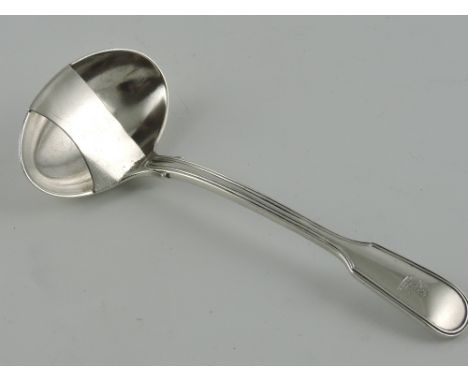 A Victorian silver ladle, London 1894 by William Hodd,  incorporating a strainer bowl, engraved with armorial, 3ozt.