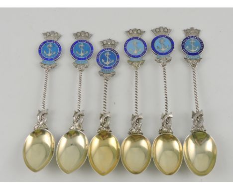 A set of six silver and enamel teaspoons, Birmingham 1910-13 by Vaughton & Sons and Daniel Collins, for the London Royal Nava