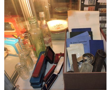 A 9ct Masonic tie pin together with a quantity of associated ephemera, vintage tools, bottles etc.