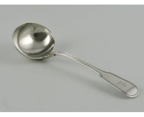 A silver sauce ladle, London 1836 by William Shaw, engraved with armorial, 2.4ozt. 