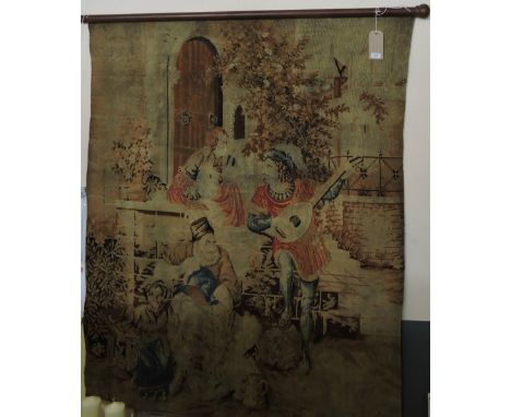 A Victorian polychrome gros point tapestry panel depicting a medieval courtyard scene with figures and minstrel, 170cm x 140c