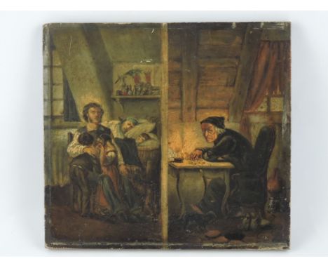19th century school, Allegorical Study, Distressed Family and Wealthy Money Lender,  oil on panel signed lower right M Peston