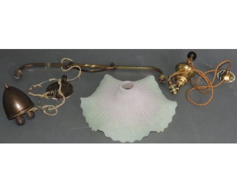 In the manner of Benson, an early 20th century brass twin light counter-balance adjustable light, W. 60cm; together with a si