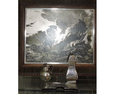 A silver square baluster shaped pepper, Walker & Hall, Birmingham 1915, together with a Guernsey type jug pepperette, a silve