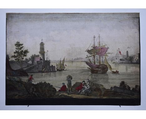 17th Art Old Print Engraving Color Gravure Decor Neapel City Of Italy Old Ships, Engraving - paper, Print, 1788 year, Size 38