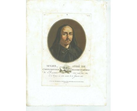 Old Print Antique Original Color Gravure Portrait Abbe De Suger 1082-1151 Year, Engraving - paper, Print, 1788 year, Author -