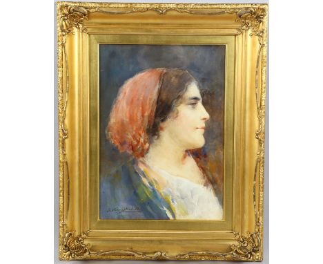 John Henry Henshall (1856 -1928), watercolour portrait of a woman, signed, 35cm x 25cm, framedGood clean condition, no foxing