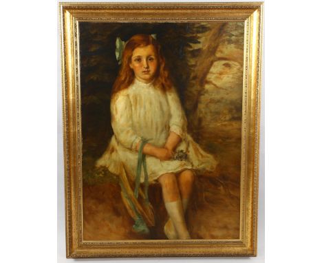 19th century oil on canvas, portrait of a girl, unsigned, 94cm x 68cm, framedCanvas has been lined with a few small spots of 