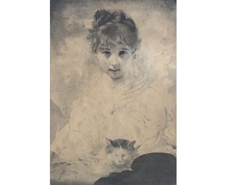 19th century monochrome watercolour, portrait of a girl with a cat, unsigned, 27cm x 19cm, framedSome very light foxing and p