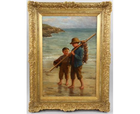 Hugh Carter (1837 - 1903), oil on canvas, boys at the shore, signed, 60cm x 40cm, framedCanvas has been lined with a few very