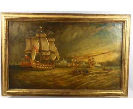 A large 19th century oil on canvas, shipping entering Istanbul harbour, indistinctly signed and dated, 78cm x 127cm, framed2 