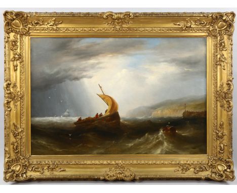 John Warkup Swift (1815 - 1869), oil on canvas, a fishing lugger on stormy seas, signed with indistinct date, 49cm x 72cm, or
