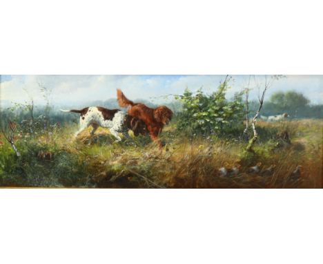19th century German school, oil on wood panel, Gundogs and partridges, indistinctly signed, original Exhibition label verso, 