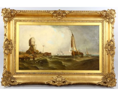 Clarkson Stanfield, oil on canvas, busy Dutch coastal shipping scene, 51cm x 89cm, framedCanvas has been recently lined, no s