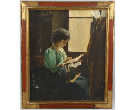 Oil on canvas, woman with a tapestry, signed with monogram EB, 45cm x 37cm, framedSmall hole to the left of the figure and a 
