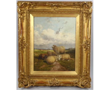 19th century oil on wood panel, sheep in a field, signed with monogram, 45cm x 34cm, framedPanel has a wooden cradle on rever