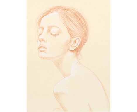 Clive Fredriksson, sanguine chalk portrait, 37cm x 28cm, framed 