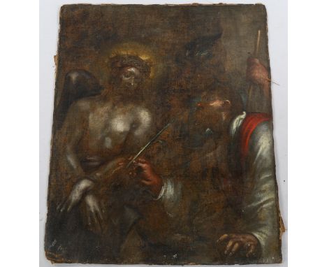17th/18th century, unstretched oil on canvas, religious composition, 83cm x 69cm, unframedCanvas has been laid onto another c