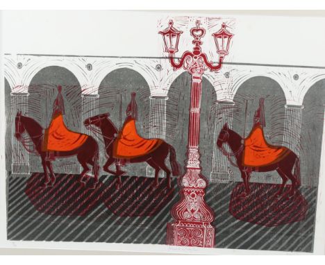 Robert Tavener, screenprint, Horse Guards in Friary Court, signed in pencil, no. 3/30, 50cm x 70cm, framedA few very faint fo