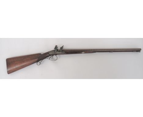 Late 18th Century Double Barrel Flintlock Shotgun by "Clarke"26 inch, 20 bore, side by side browned Damascus barrels.  Top fl