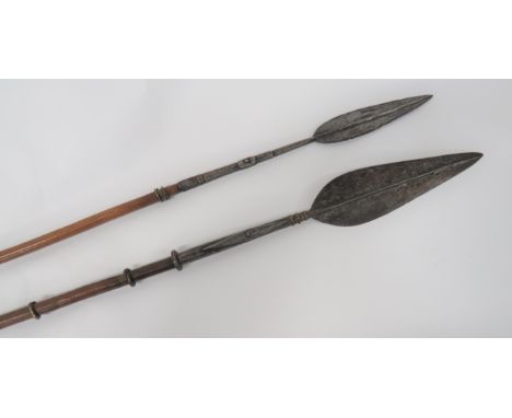 Two Sudanese Omdurman Period Horseman Spearsconsisting 11 3/4 inch, double edged, wide leaf blade with central raised rib.  S