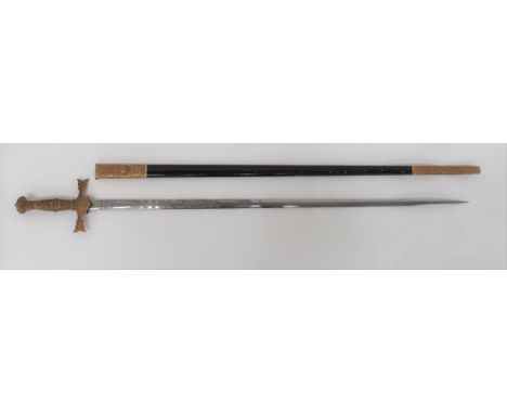 Late 19th Century Masonic Sword31 1/2 inch, double edged blade.  Etched floral scrolls, crossed crooks and Masonic crosses.  