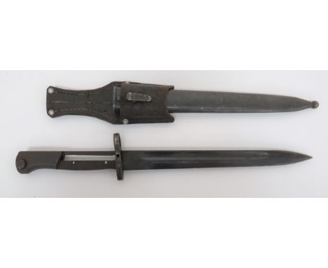 Mauser Contract Bayonet9 3/4 inch, single edged, blued blade with fuller.  Steel muzzle ring crossguard and pommel.  Grips ab