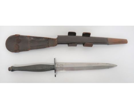 WW2 2nd pattern Fairbairn-Sykes Parkerised Commando Fighting Knife With Logo.  good and scarce example. The hilt with parkeri