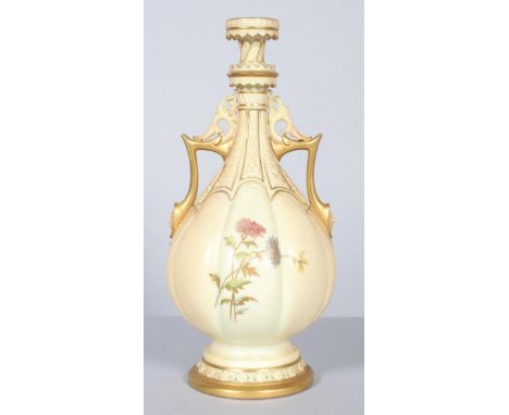 A Royal Worcester blush ivory ground lobed two handled vase, circa 1900, printed purple marks, shape No 1061, of Middle Easte