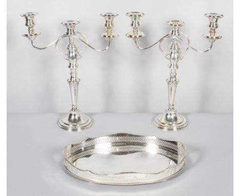 A pair of large silver plated 3 light candelabra, with detachable branches 43cm high and a galleried tray