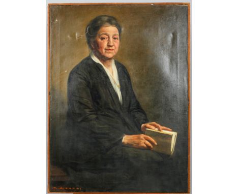 Giorgio Matteo Aicardi (1891-1984), Portrait of a Lady wearing black, holding a book, oil on canvas, signed lower left, 98.5c