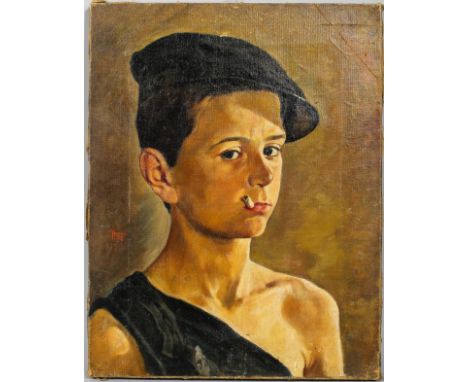 Giorgio Matteo Aicardi (1891-1984), Portrait of a young boy with flat cap, smoking a cigarette, oil on canvas, signed and dat