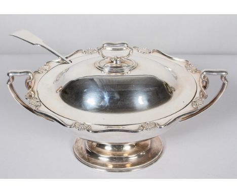 A silver plated (Hardy Bros, Sydney &amp; Brisbane) oval two handled tureen, cover and ladle, cast with palmettes and rococo 