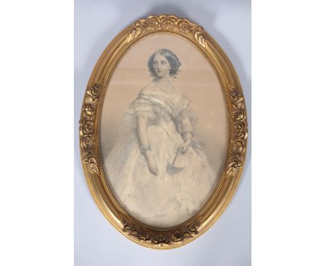 A mid 19th century lithograph of 'Stephanie' Queen of Portugal, by Leon-Noel, after a painting, in carved giltwood oval frame