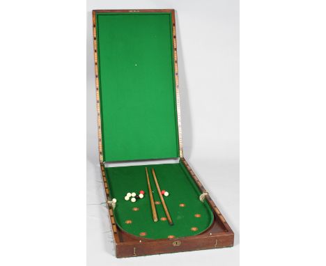 A Victorian mahogany folding Bagatelle table, mounted with green baize, pierced with holed to side panels, with hooks to fron