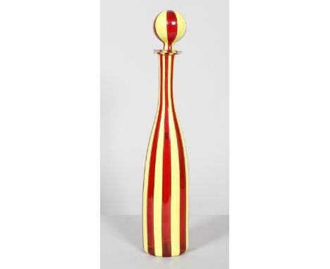 A Murano glass flask and stopper decorated in bands of yellow and red, height 50 cm