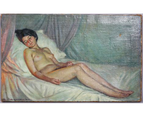 Giorgio Matteo Aicardi (1891-1984), Life study of a nude lady sleeping, oil on canvas, signed and dated 1915 lower left, 42cm