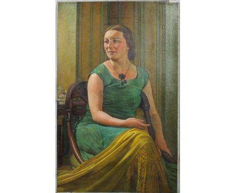 Giorgio Matteo Aicardi (1891-1984), Portrait of Carmela Aicardi wearing a green dress, oil on panel, signed lower right and t